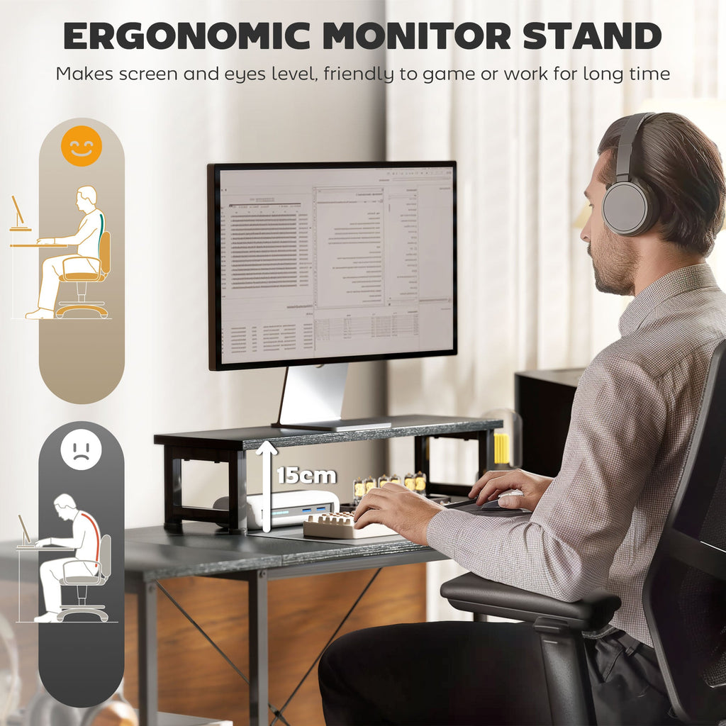Black L-shaped desk with ergonomic monitor stand and two-tier shelf for accessories