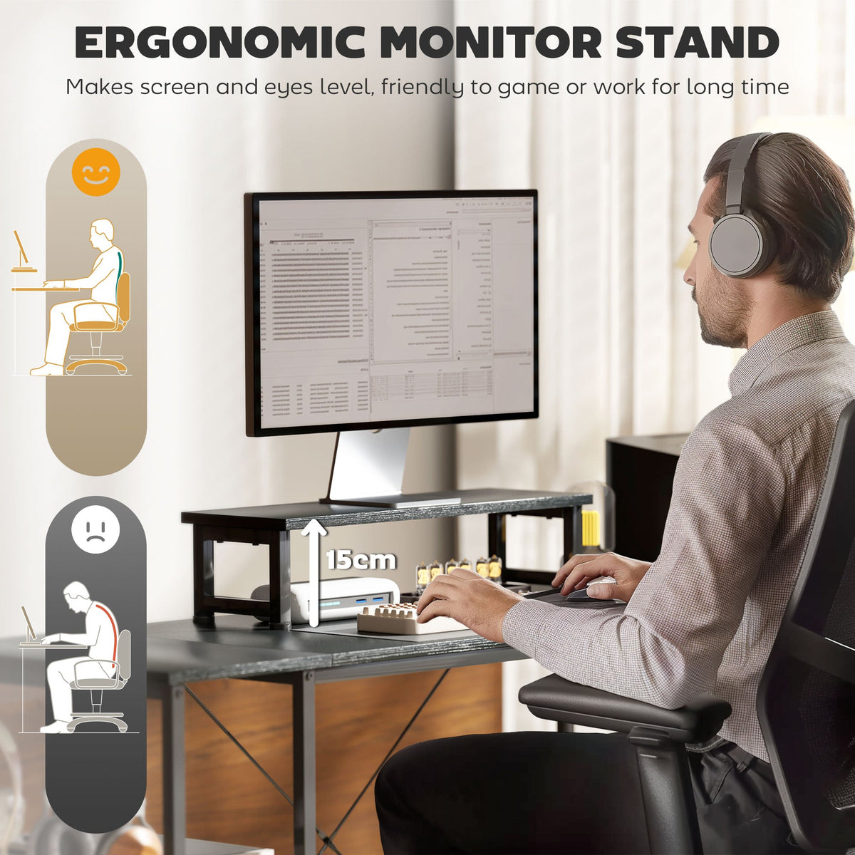 Black L-shaped desk with ergonomic monitor stand and two-tier shelf for accessories