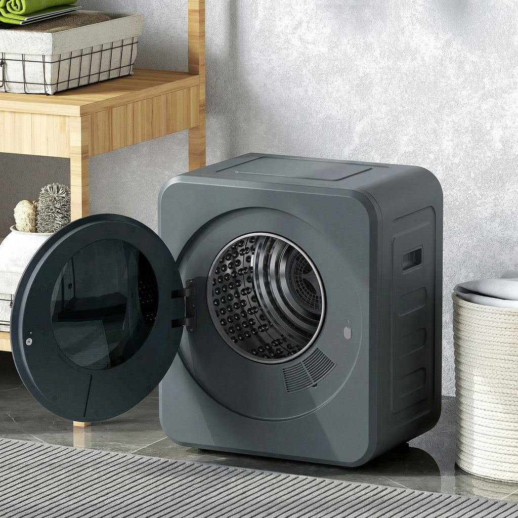 Grey front tumble dryer with open round door and visible rotating drum