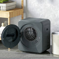 Grey front tumble dryer with open round door and visible rotating drum