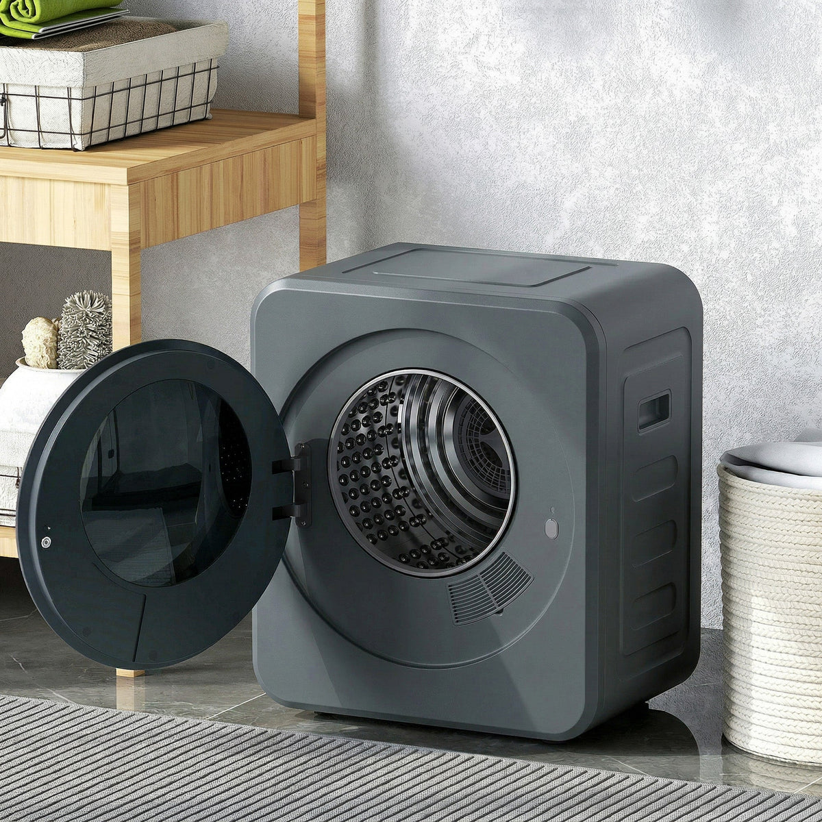 Grey front tumble dryer with open round door and visible rotating drum