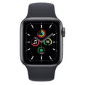 Black smartwatch with black silicone band and colorful music app watch face