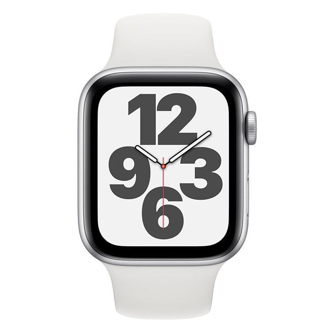 Silver smartwatch with white silicone band and large digital time display dial
