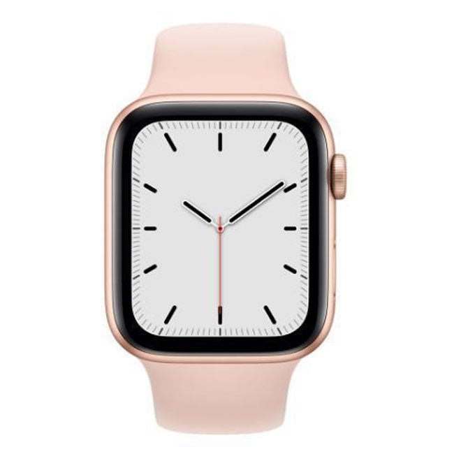 Rose gold smartwatch with pale pink silicone band and minimalist light dial face