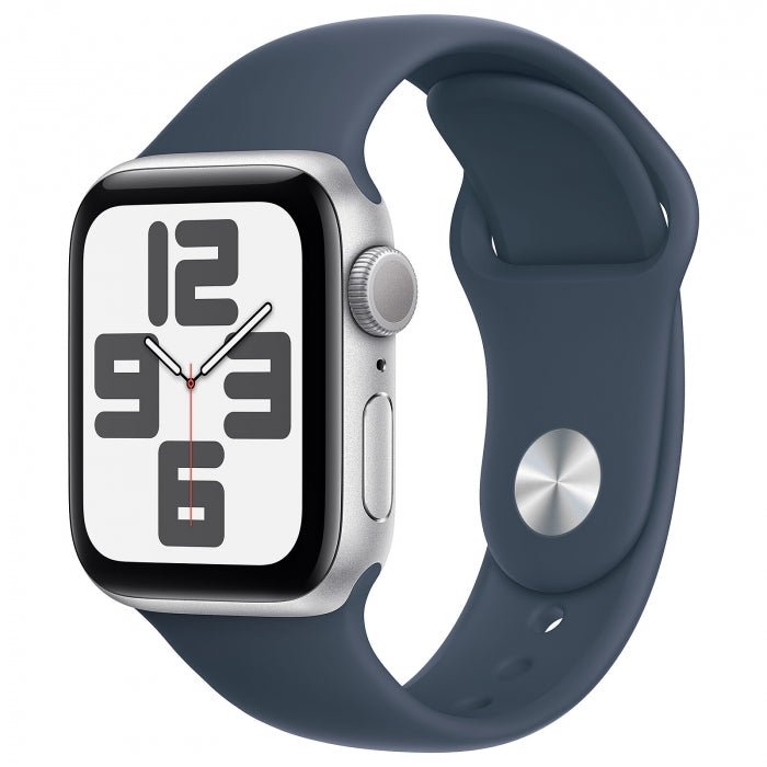 44mm smartwatch with navy band, showing 12:59 screen, side button and crown