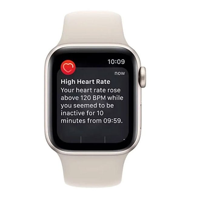 44mm smartwatch with light band, cellular, showing heart rate message at 10:09