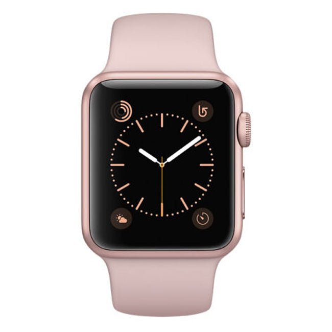 Refurbished Apple Watch Series 5 40mm with pink band, analog watch face