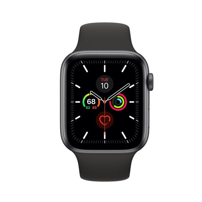 44mm Apple Watch Series 5 smartwatch with black band, square display with colorful rings