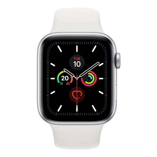 44mm Apple Watch Series 5 smartwatch with white band, dark display with heart and ring