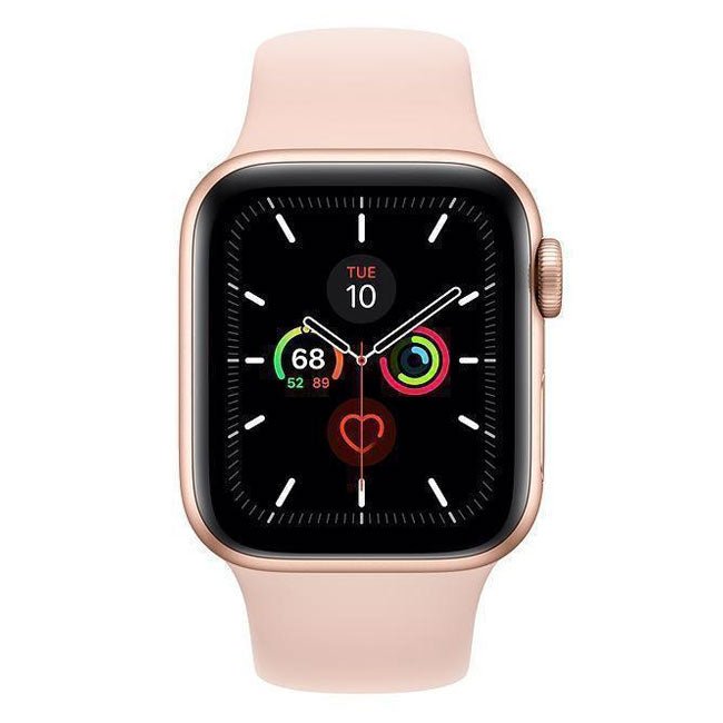 44mm Apple Watch Series 5 smartwatch with pink band, black display in rose-gold case