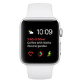 Silver Apple Watch with white sport band, bright 10:09 home screen display and icons