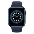 Blue Apple Watch with dark face and blue sport band, analog clock-style watch face