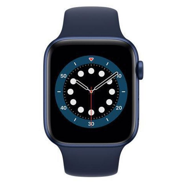 Blue Apple Watch with dark face and blue sport band, analog clock-style watch face