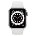 Silver stainless smartwatch with black face and white silicone band.