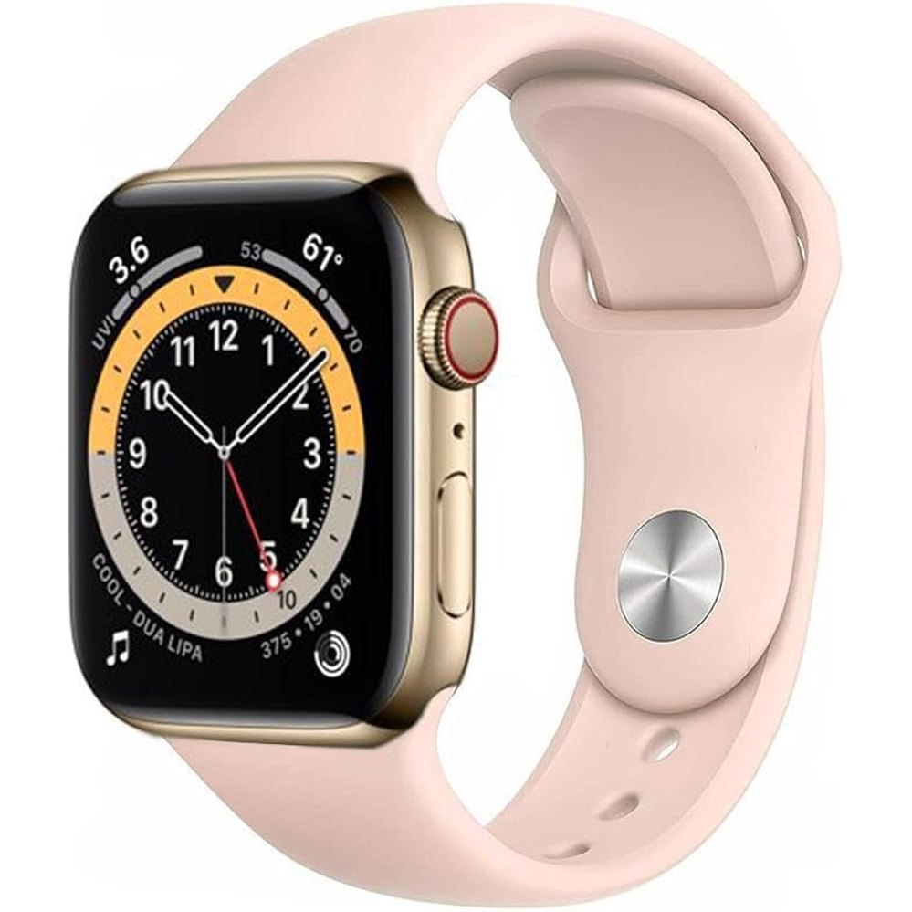 Gold stainless smartwatch with black face and pink silicone band.