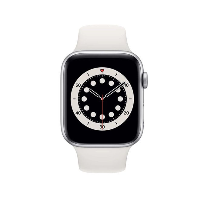 44mm smartwatch with silver case, black screen, and white sport band