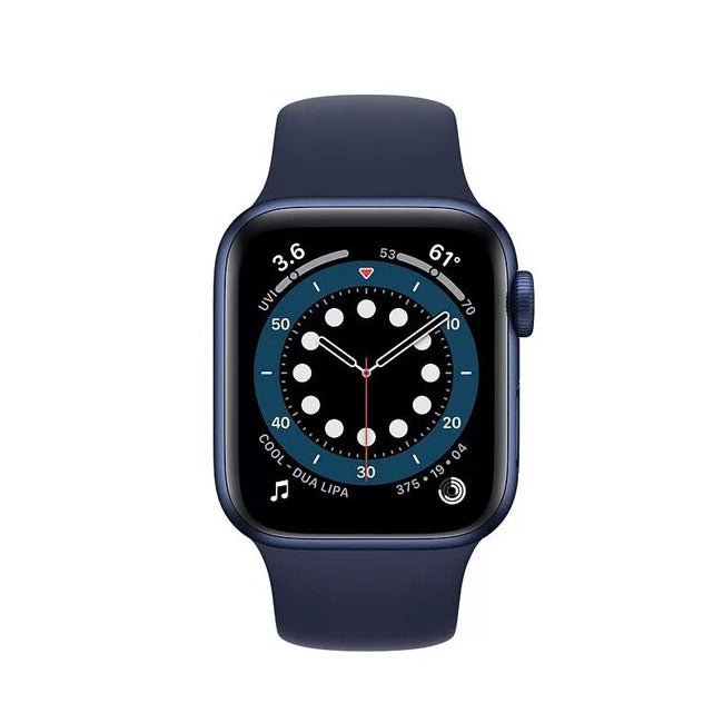 Apple Watch 44mm smartwatch in dark blue with black screen and blue sport band