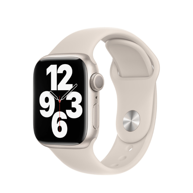 Refurbished 41mm Apple Watch with starlight silicone band, digital time display