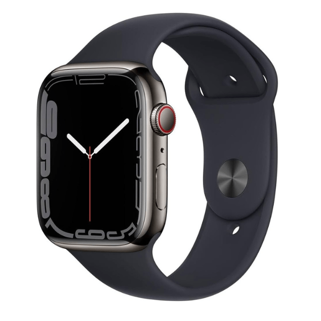 Apple Watch Series 7 stainless smartwatch side view with black band and visible crown