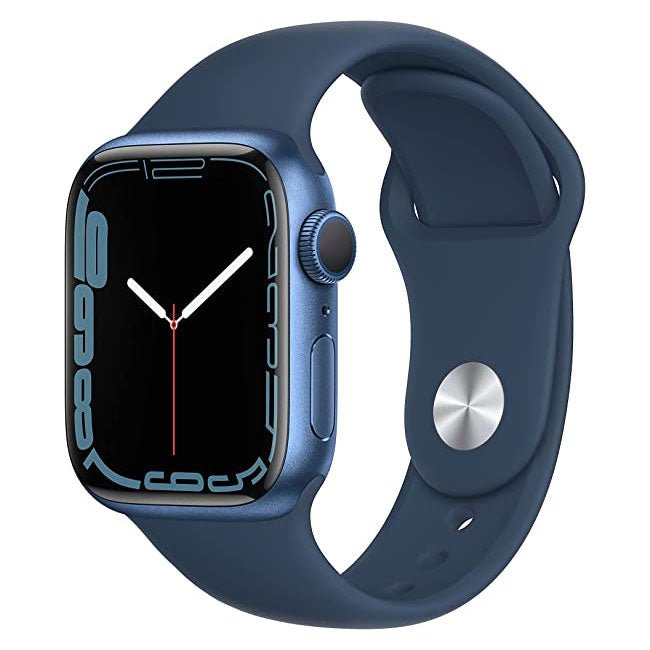 Blue Apple Watch Series 7 41mm cellular unlocked; side view; sport band; watch face.