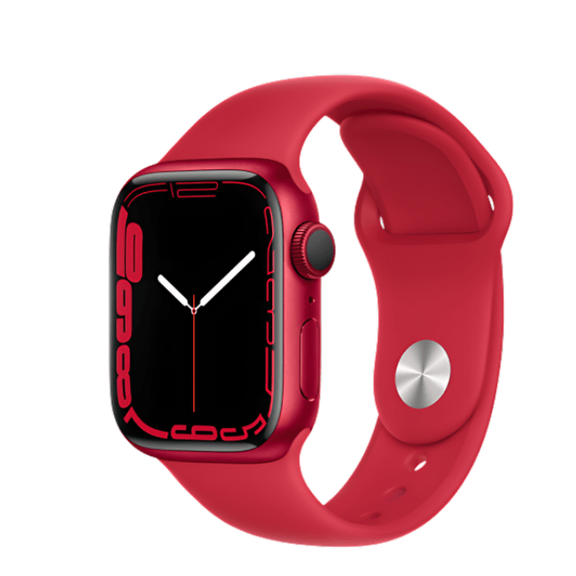 Red Apple Watch Series 7 41mm cellular unlocked; sport band; side view; watch face.