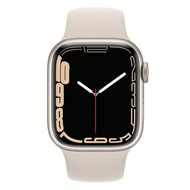 Starlight Apple Watch Series 7 41mm cellular unlocked; sport band; digital watch face.
