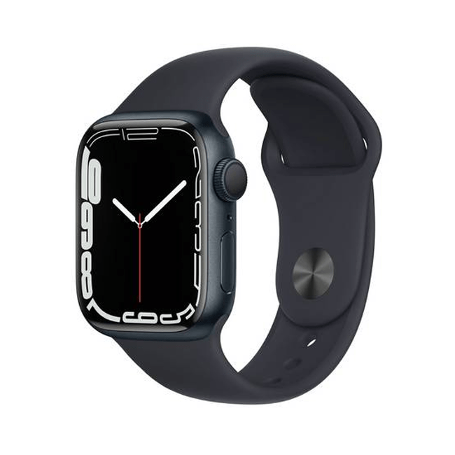 Black Apple Watch Series 7 41mm cellular unlocked; side view with sport band; watch face.