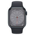 Apple Watch with midnight black silicone band, stainless case, digital crown, dark gray clock face