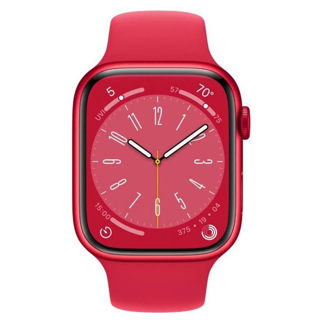 Apple Watch with red silicone band, red case, digital crown, red clock face