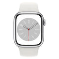 Apple Watch with starlight silicone band, stainless case, digital crown, dark gray clock face