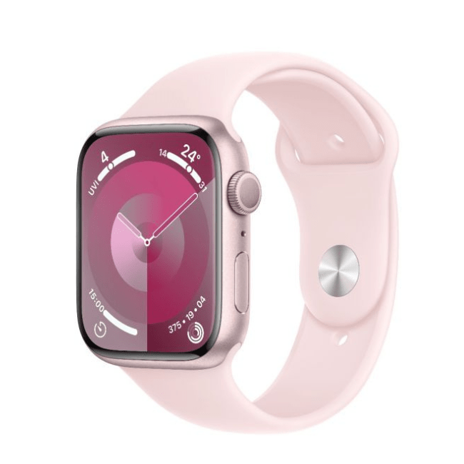 Apple Watch Series 9 41mm smartwatch with starlight pink band, silver side buttons
