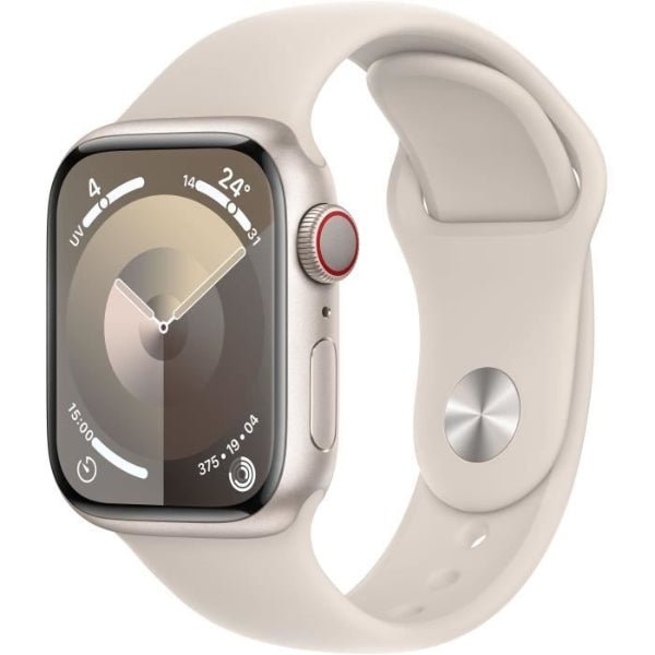 Apple Watch Series 9 41mm smartwatch with starlight white band, digital crown and side button