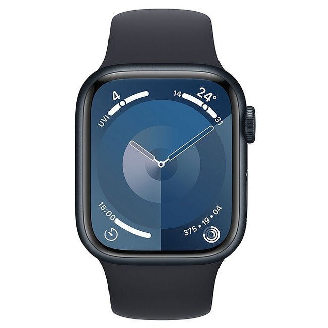 Apple Watch Series 9 41mm smartwatch with midnight black band, stainless side button