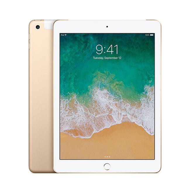 Gold iPad tablet with front display and rear camera view, home button