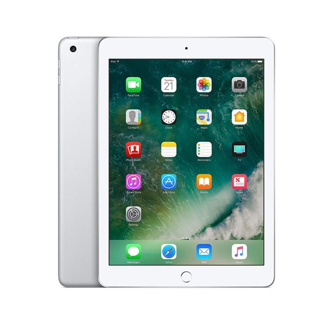 Silver iPad with Wi-Fi, 9.7-inch display showing apps, front and back shown.