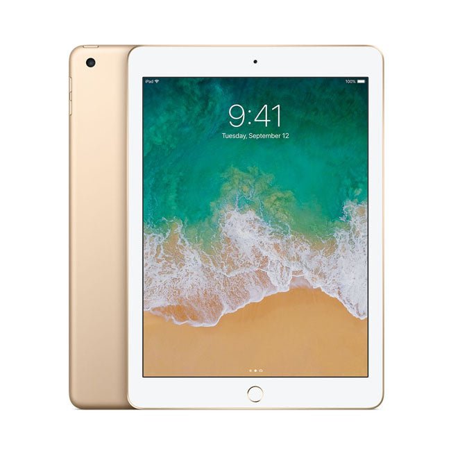 Gold iPad with Wi-Fi, 9.7-inch display and home button, front and back shown.