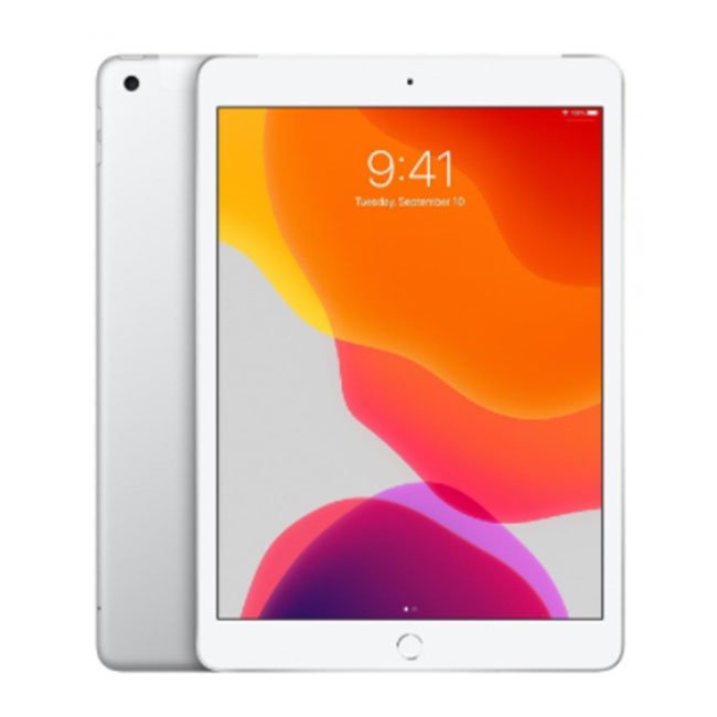 Silver iPad tablet with front touchscreen display and home button