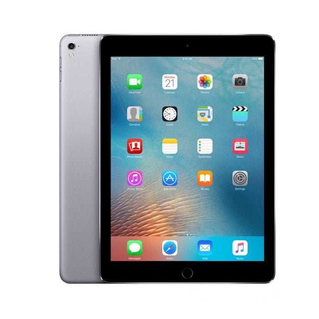 Refurbished iPad 6 tablet in space gray, front home button and app icons visible