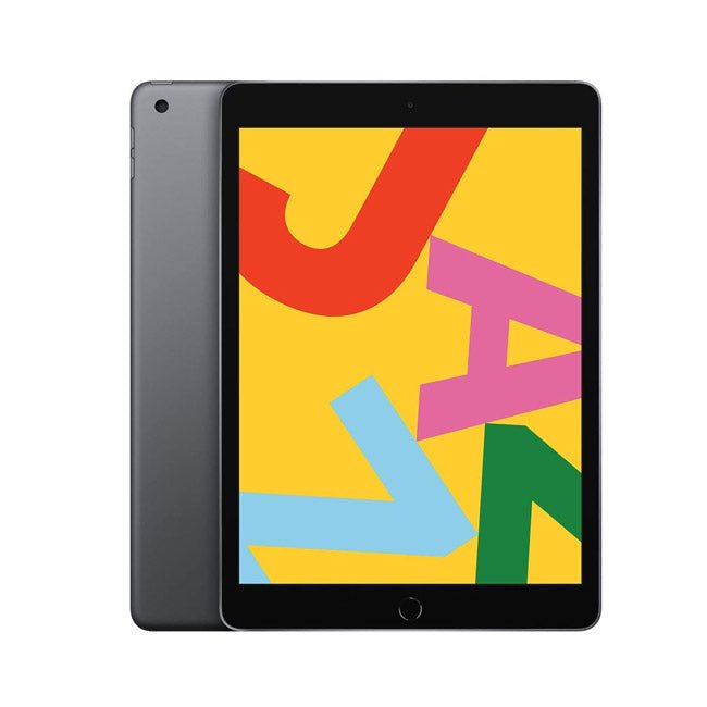 Refurbished iPad 7 tablet with black front and dark gray back, front-facing home button