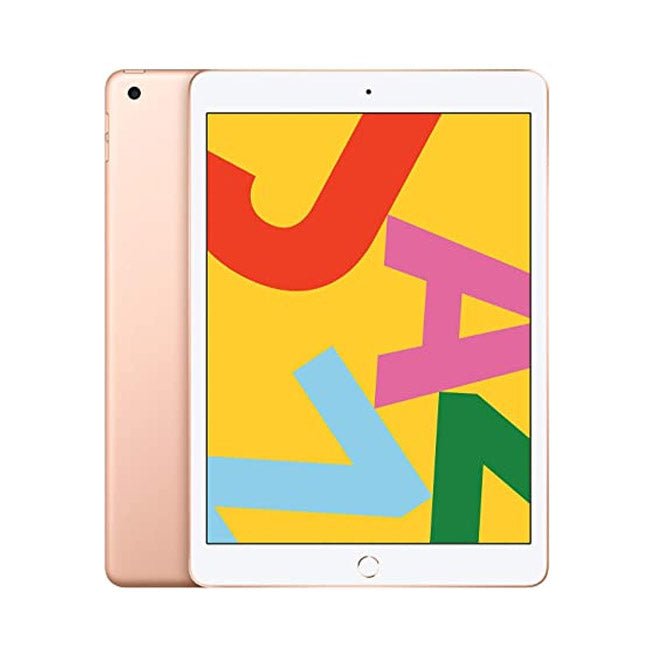 Refurbished iPad 7 tablet with white front and rose gold back, front-facing home button