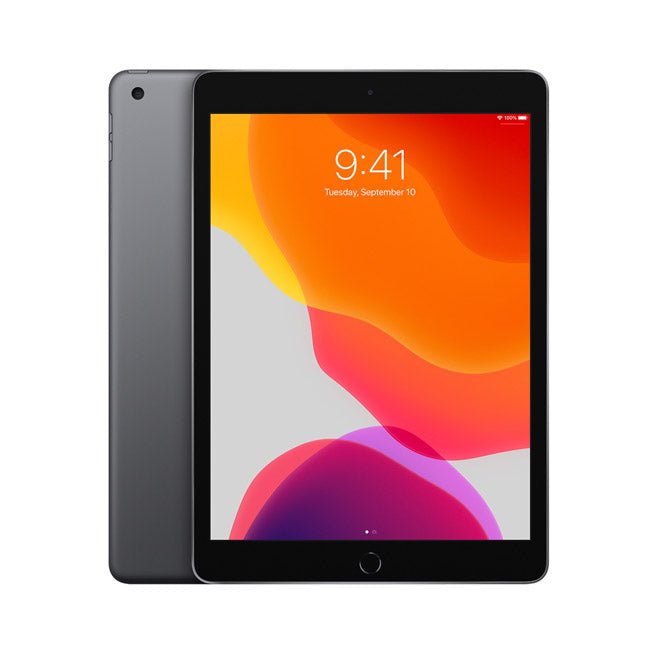 Space grey Apple iPad 7 tablet with front and back, home button, colorful display