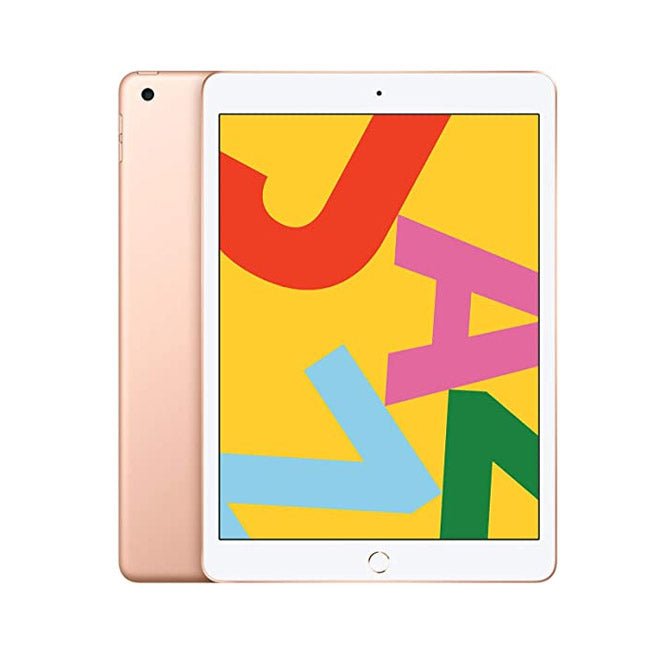 Refurbished gold iPad 7 Wi‑Fi tablet with colorful home-screen display.