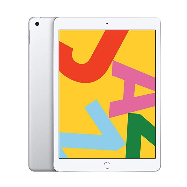 Silver Apple iPad 7 tablet with front and back, home button, colorful display