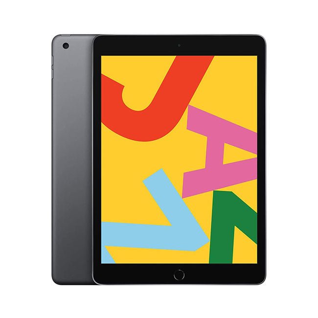 Space gray iPad tablet with front screen and home button, showing colorful abstract design