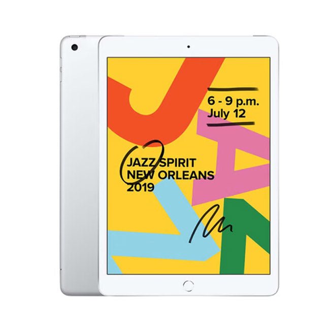 Silver iPad tablet with front screen and home button, showing event poster graphic