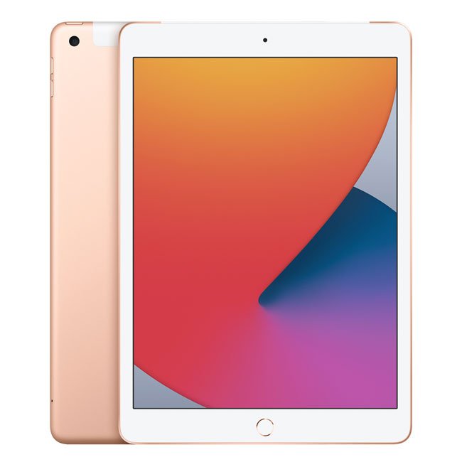 Gold iPad tablet showing front display with home button and front camera cutout