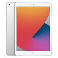 Refurbished iPad 8 tablet in silver, front and back view with home button
