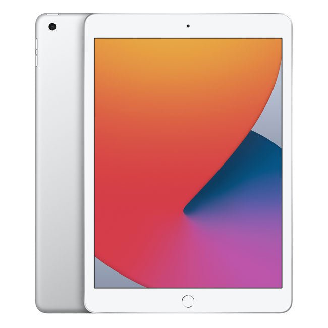 Silver iPad tablet showing front display with home button and camera cutout