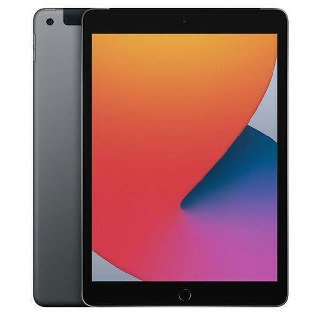 Space grey iPad tablet showing front display with home button and side camera cutout