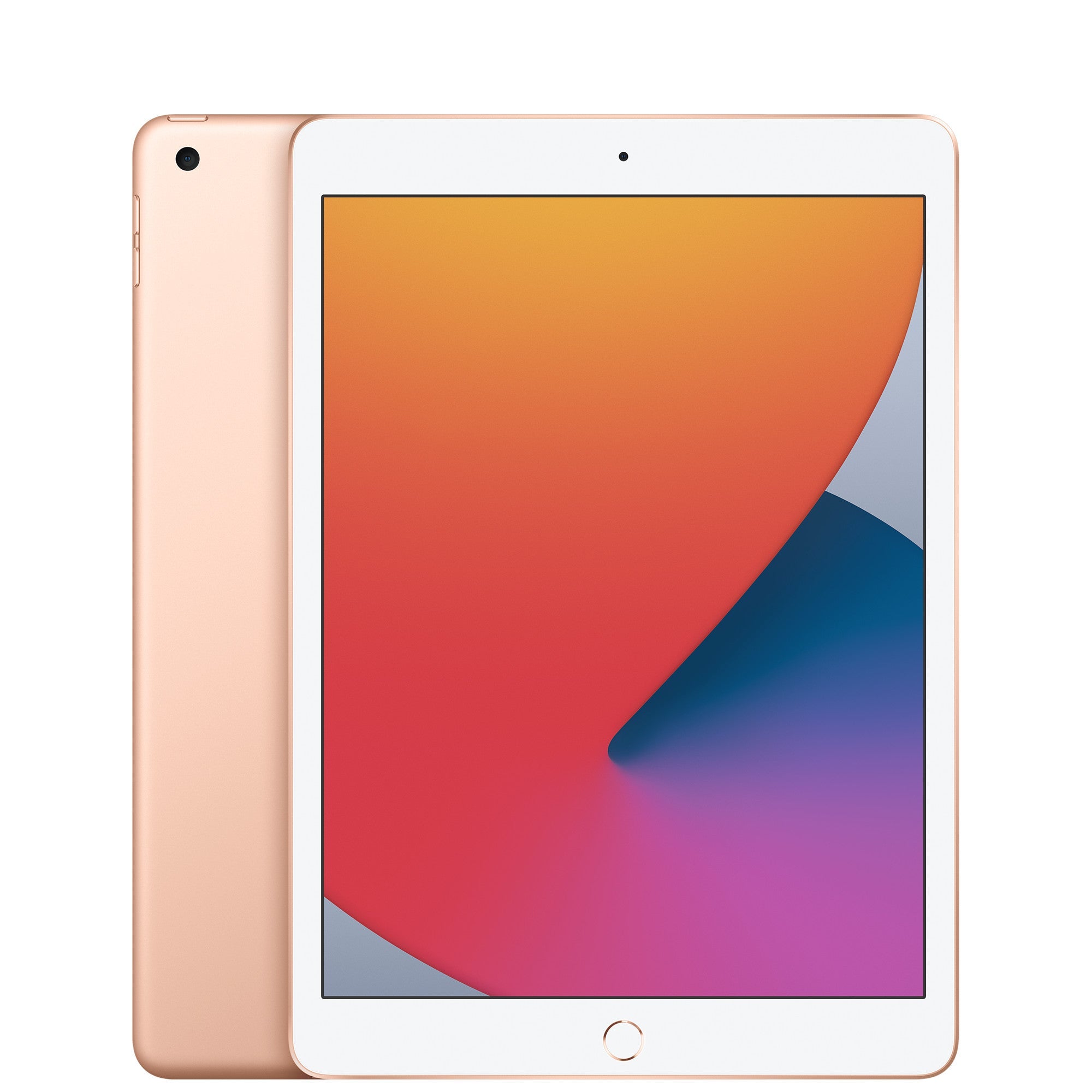 Refurbished iPad 8 tablet in gold, front and back view